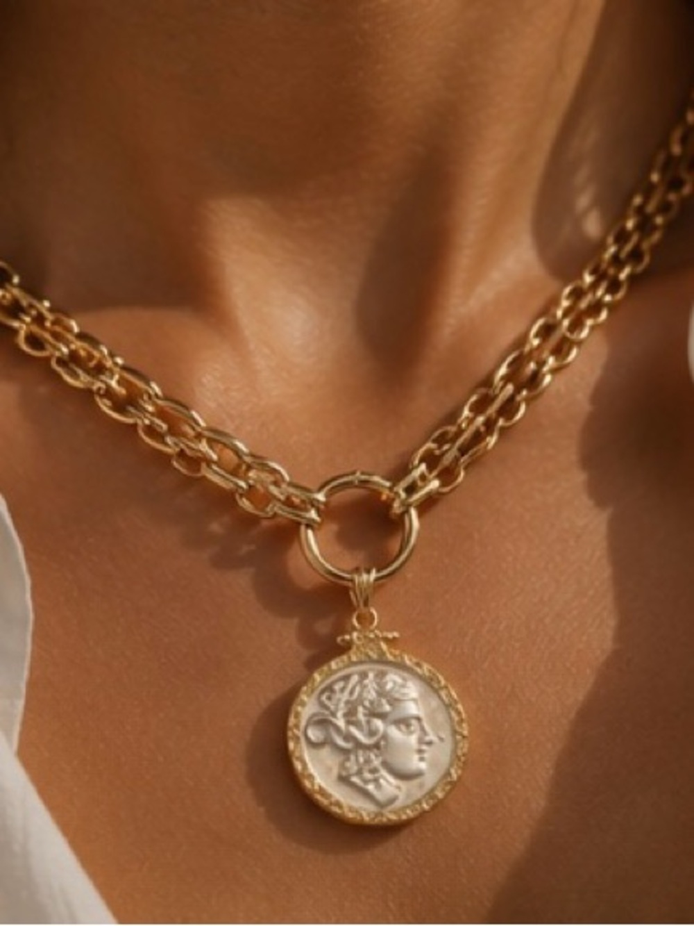 Athena Medallion Necklace Grecian Coin Pendant in Rich Gold